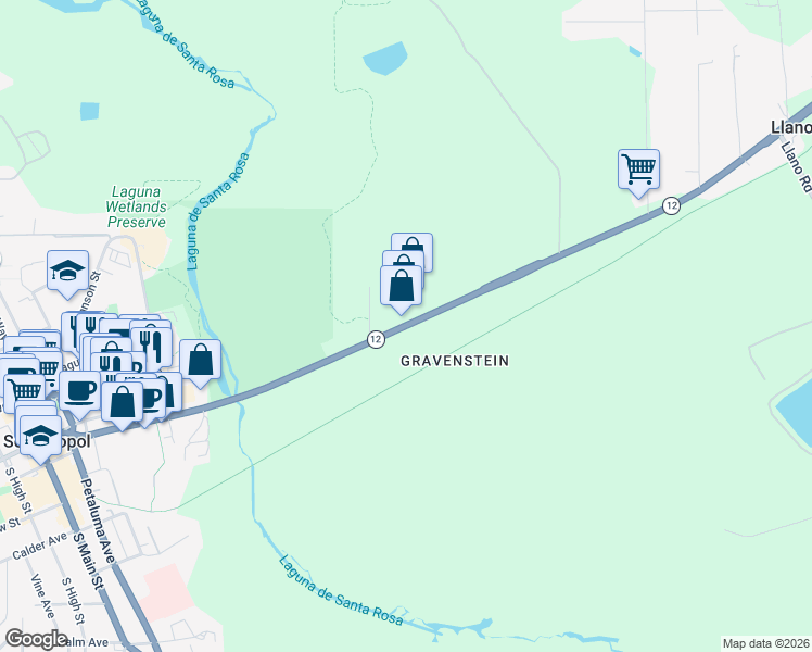map of restaurants, bars, coffee shops, grocery stores, and more near Sebastopol Avenue in Sebastopol