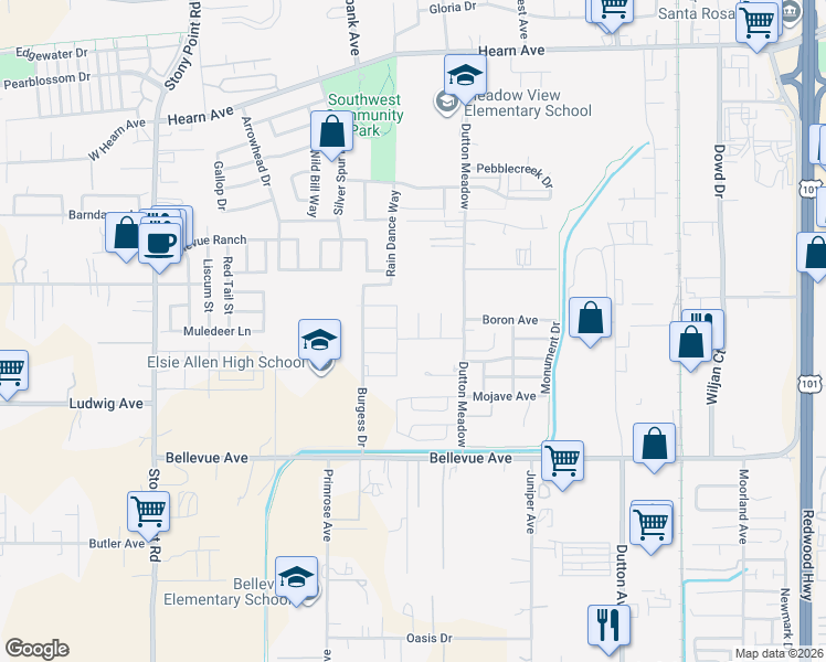 map of restaurants, bars, coffee shops, grocery stores, and more near 2875 Dutton Meadow in Santa Rosa