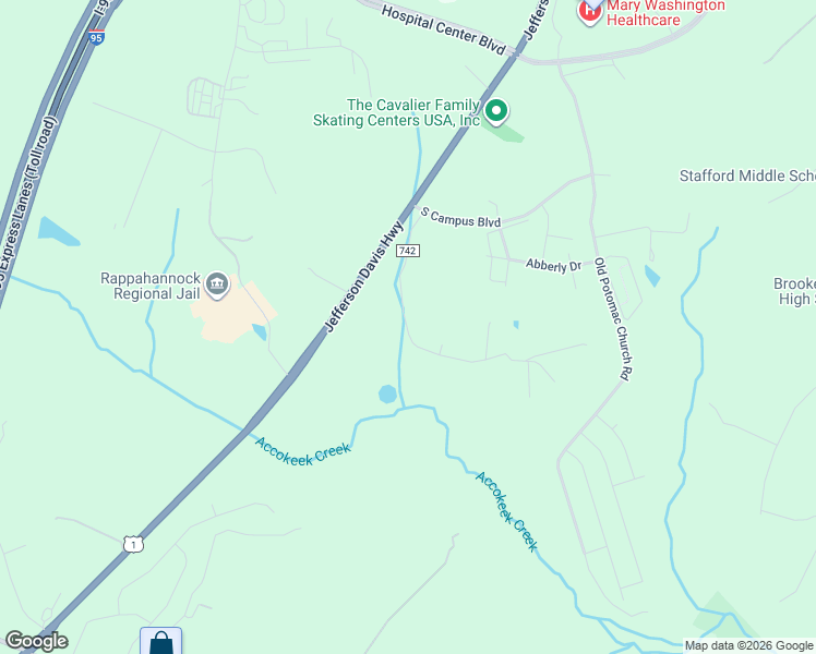 map of restaurants, bars, coffee shops, grocery stores, and more near 68 County Road 742 in Stafford