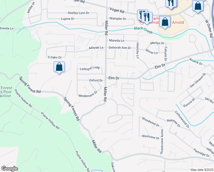 map of restaurants, bars, coffee shops, grocery stores, and more near 2713 Cherry Brook Drive in Arnold