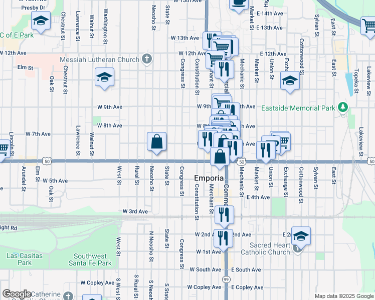 map of restaurants, bars, coffee shops, grocery stores, and more near 216 West 6th Avenue in Emporia