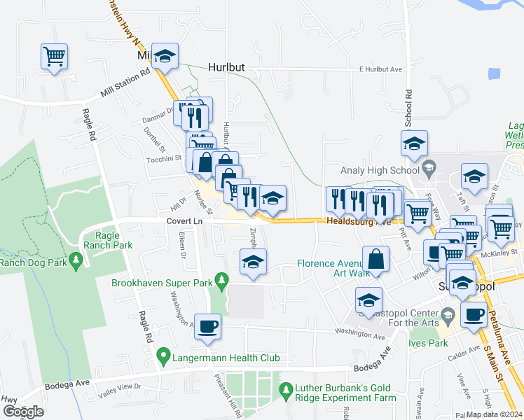 map of restaurants, bars, coffee shops, grocery stores, and more near 585 Gravenstein Highway North in Sebastopol