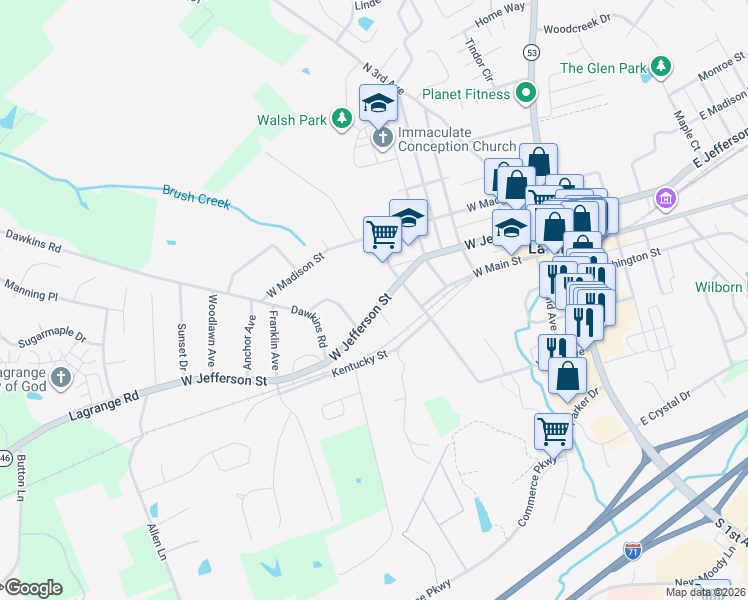 map of restaurants, bars, coffee shops, grocery stores, and more near 604 West Jefferson Street in La Grange