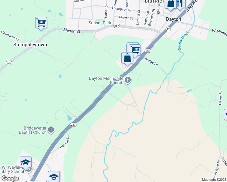 map of restaurants, bars, coffee shops, grocery stores, and more near 5101 John Wayland Highway in Dayton
