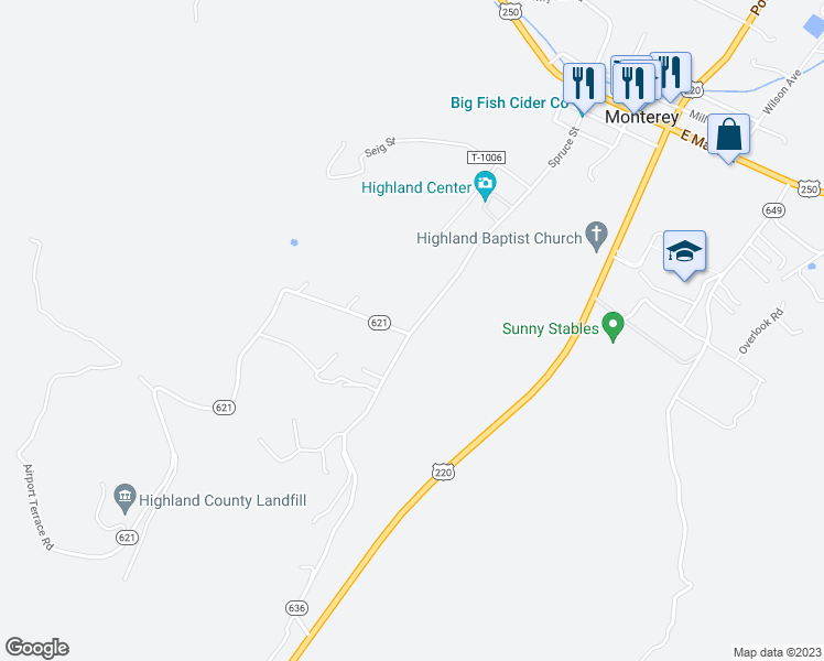 map of restaurants, bars, coffee shops, grocery stores, and more near Spruce Street in Monterey