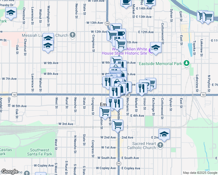 map of restaurants, bars, coffee shops, grocery stores, and more near 623 Merchant Street in Emporia