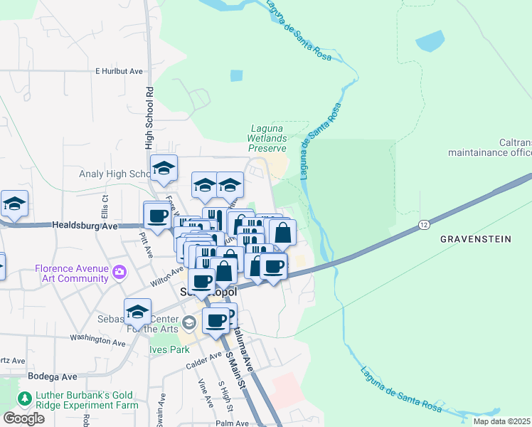 map of restaurants, bars, coffee shops, grocery stores, and more near 350 Morris Street in Sebastopol