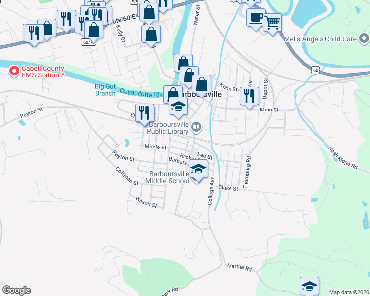 map of restaurants, bars, coffee shops, grocery stores, and more near 734 Lee Street in Barboursville