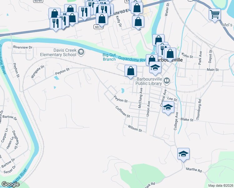 map of restaurants, bars, coffee shops, grocery stores, and more near 438 Peyton Street in Barboursville