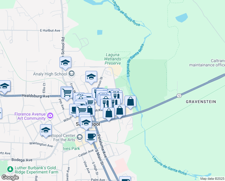 map of restaurants, bars, coffee shops, grocery stores, and more near 350 Morris St in Sebastopol