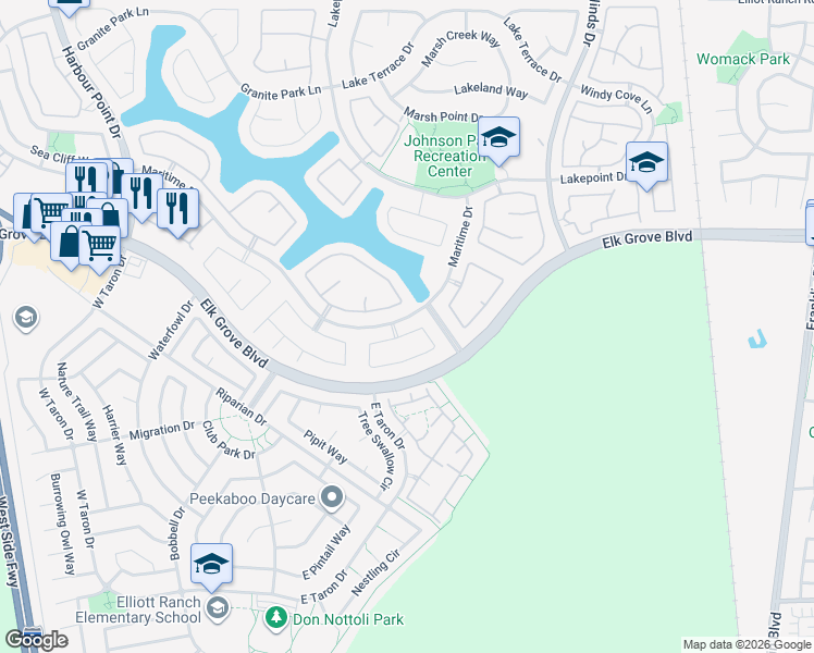 map of restaurants, bars, coffee shops, grocery stores, and more near 3317 Marina Cove Circle in Elk Grove