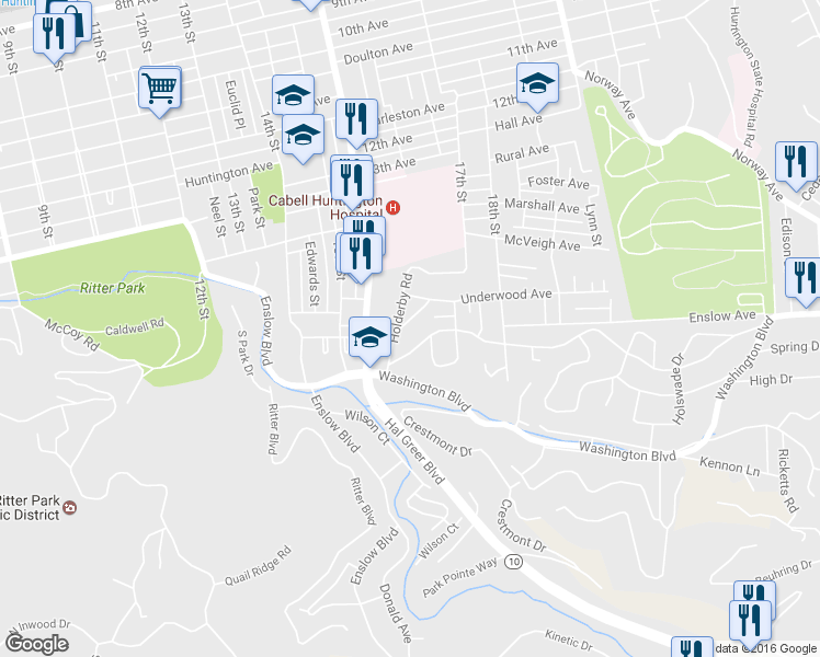 map of restaurants, bars, coffee shops, grocery stores, and more near 1641 Glenway Ln in Huntington