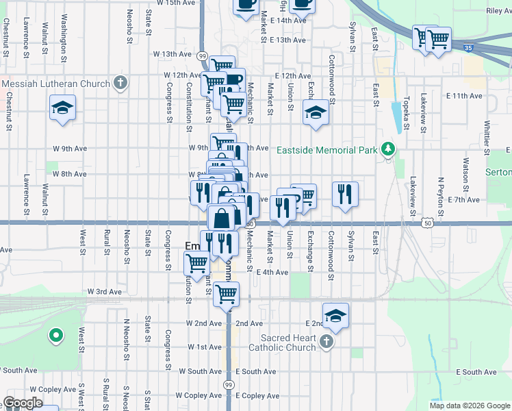 map of restaurants, bars, coffee shops, grocery stores, and more near 616 Mechanic Street in Emporia