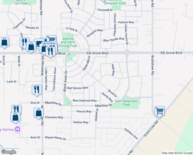 map of restaurants, bars, coffee shops, grocery stores, and more near 9697 Bovill Drive in Elk Grove