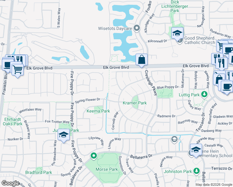 map of restaurants, bars, coffee shops, grocery stores, and more near 5825 Violet Ridge Court in Elk Grove