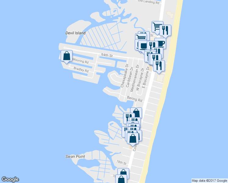 map of restaurants, bars, coffee shops, grocery stores, and more near 406 Bering Road in Ocean City