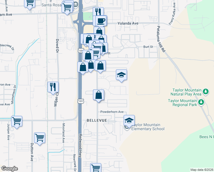 map of restaurants, bars, coffee shops, grocery stores, and more near 615 Elsa Drive in Santa Rosa
