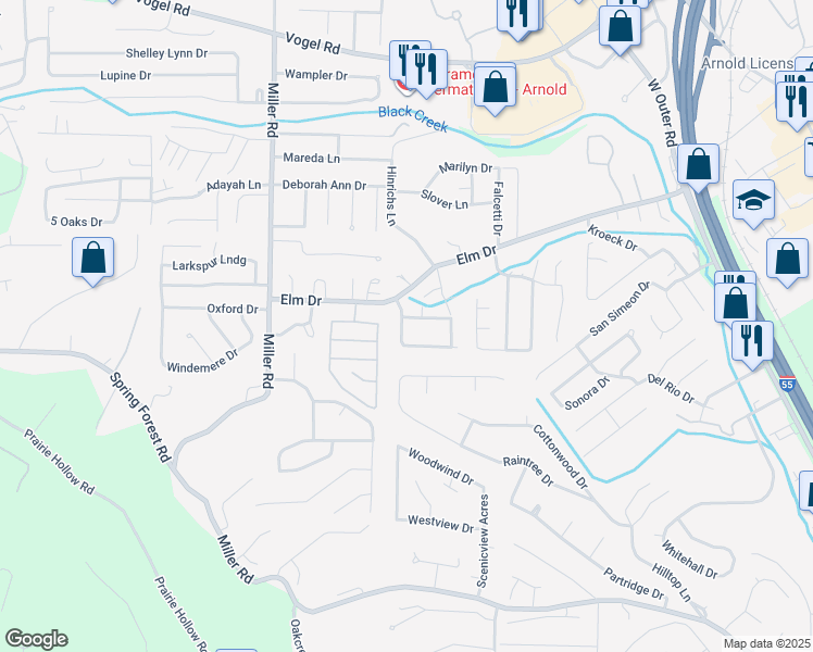 map of restaurants, bars, coffee shops, grocery stores, and more near 159 Ron De Le Dr in Arnold