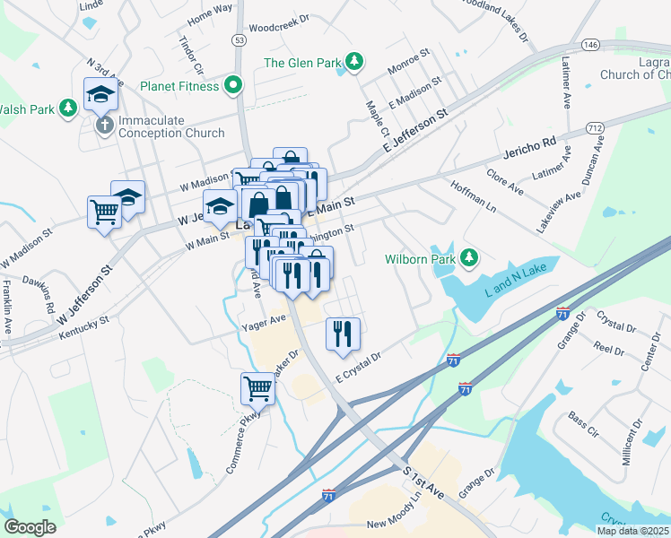 map of restaurants, bars, coffee shops, grocery stores, and more near 219 South Cedar Avenue in La Grange