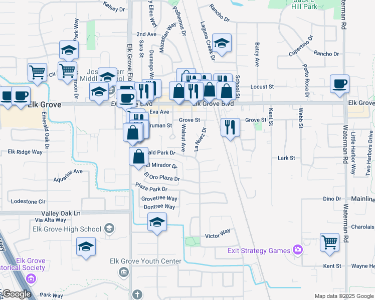 map of restaurants, bars, coffee shops, grocery stores, and more near 9679 Walnut Avenue in Elk Grove