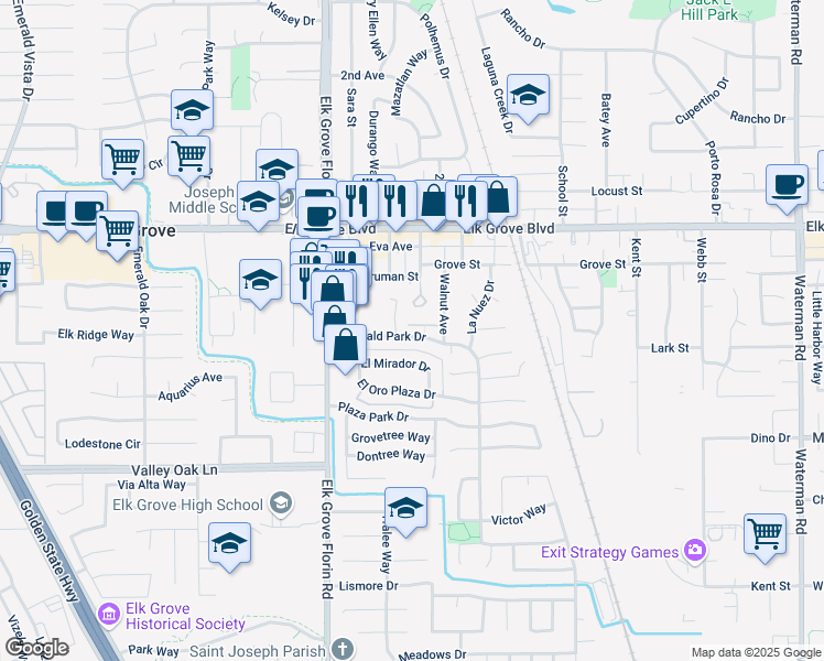 map of restaurants, bars, coffee shops, grocery stores, and more near 61 Emerald Park Drive in Elk Grove