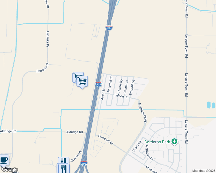 map of restaurants, bars, coffee shops, grocery stores, and more near 501 Aster Street in Vacaville
