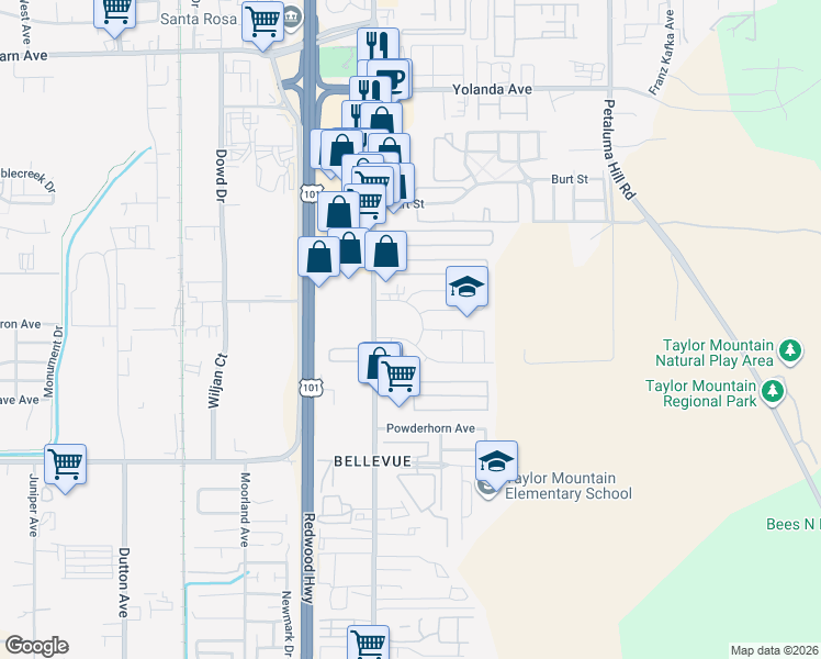 map of restaurants, bars, coffee shops, grocery stores, and more near 615 Elsa Drive in Santa Rosa