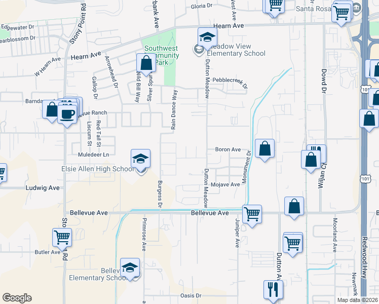 map of restaurants, bars, coffee shops, grocery stores, and more near 2875 Dutton Meadow in Santa Rosa