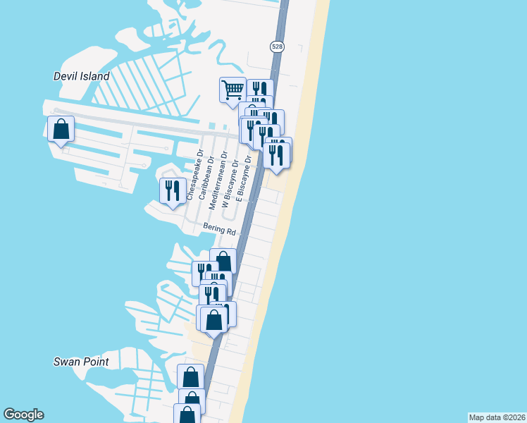 map of restaurants, bars, coffee shops, grocery stores, and more near 8 89th Street in Ocean City