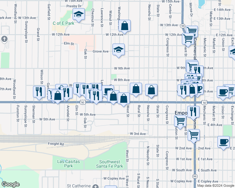 map of restaurants, bars, coffee shops, grocery stores, and more near 623 Washington Street in Emporia