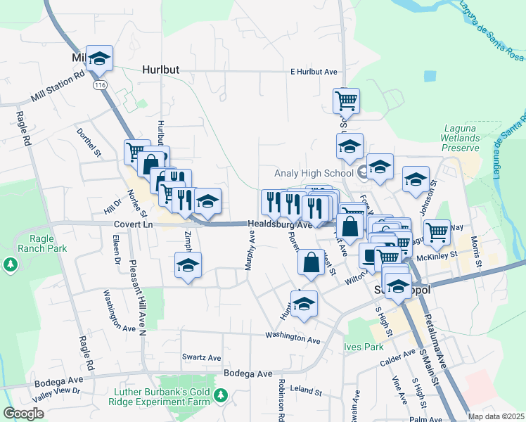 map of restaurants, bars, coffee shops, grocery stores, and more near 527 Dufranc Avenue in Sebastopol