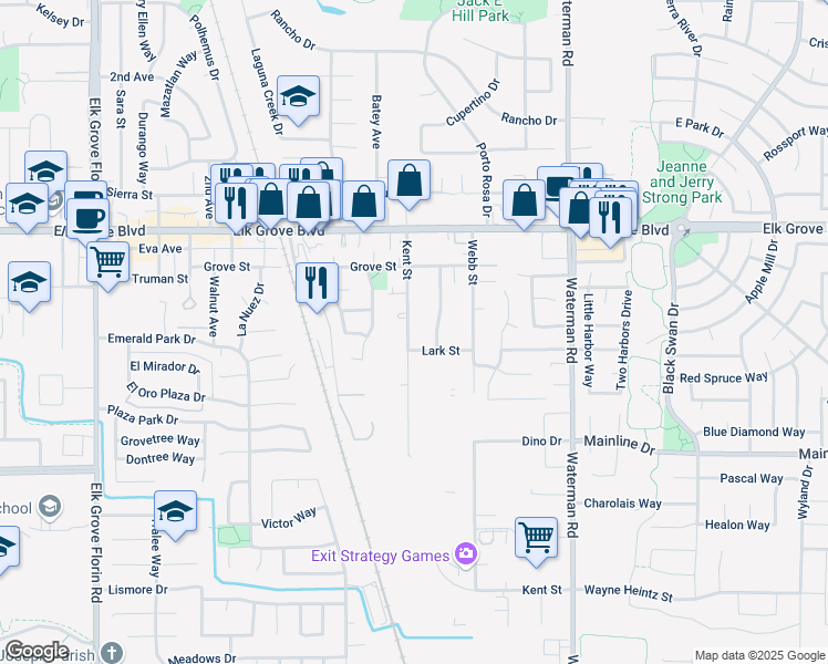 map of restaurants, bars, coffee shops, grocery stores, and more near 9689 Kent Street in Elk Grove
