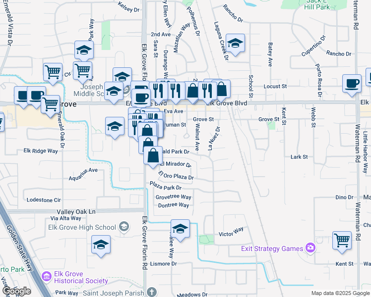 map of restaurants, bars, coffee shops, grocery stores, and more near 61 Emerald Park Drive in Elk Grove
