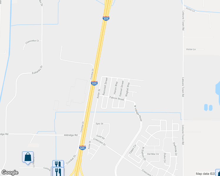 map of restaurants, bars, coffee shops, grocery stores, and more near Roadrunner Way in Vacaville