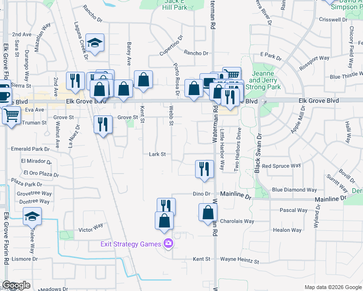 map of restaurants, bars, coffee shops, grocery stores, and more near 9684 Gamay Way in Elk Grove