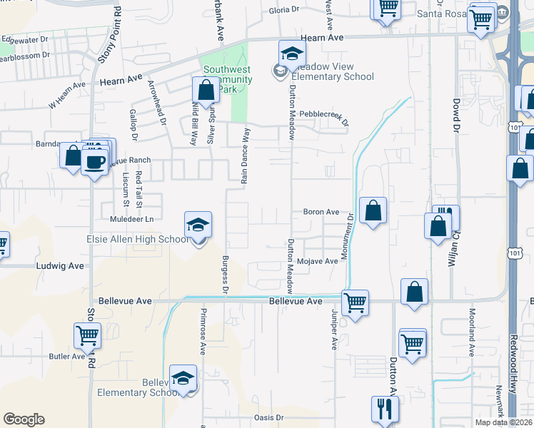map of restaurants, bars, coffee shops, grocery stores, and more near 2875 Dutton Meadow in Santa Rosa