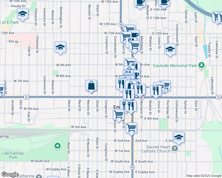 map of restaurants, bars, coffee shops, grocery stores, and more near 216 West 6th Avenue in Emporia