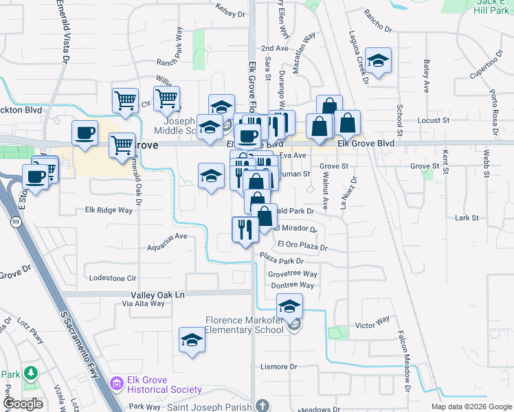 map of restaurants, bars, coffee shops, grocery stores, and more near 9683 Elk Grove Florin Road in Elk Grove