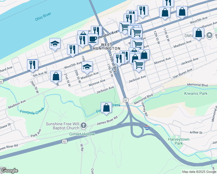 map of restaurants, bars, coffee shops, grocery stores, and more near 1722 Jackson Ave in Huntington