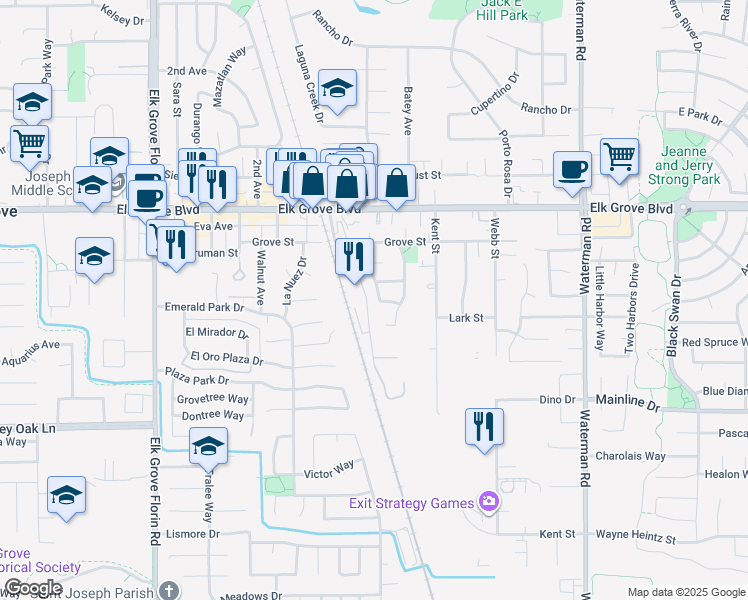 map of restaurants, bars, coffee shops, grocery stores, and more near 9674 Jan Marie Way in Elk Grove