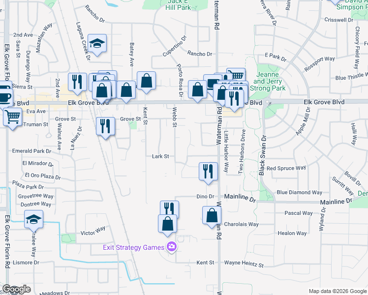 map of restaurants, bars, coffee shops, grocery stores, and more near 9684 Gamay Way in Elk Grove