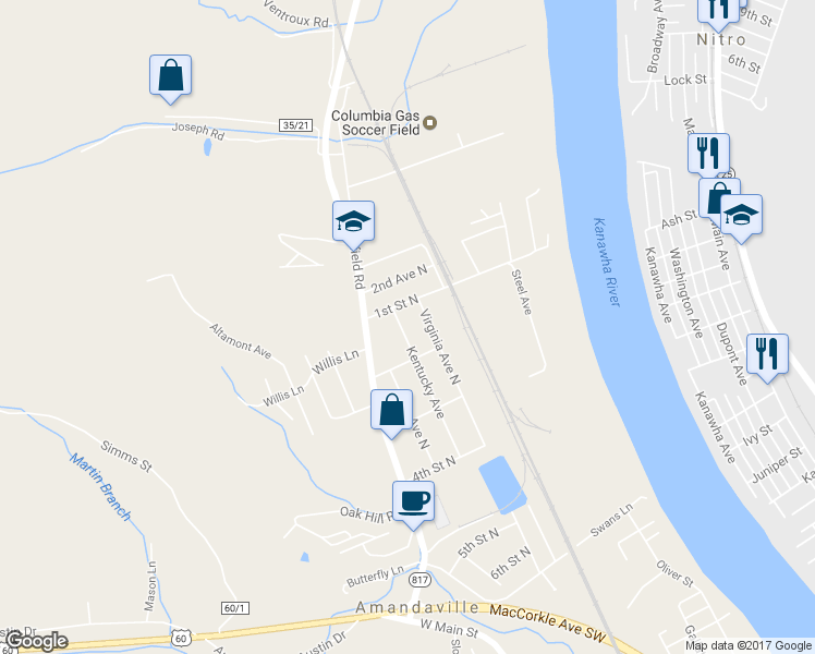 map of restaurants, bars, coffee shops, grocery stores, and more near 108 Kentucky Avenue in Saint Albans