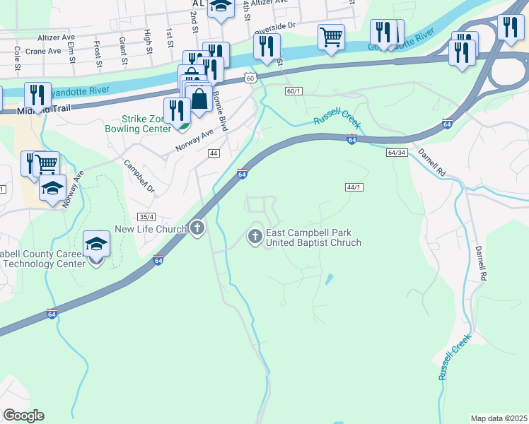 map of restaurants, bars, coffee shops, grocery stores, and more near Twin Oaks Court in Huntington