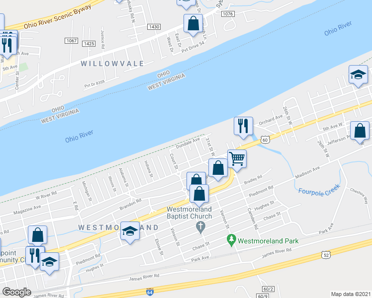 map of restaurants, bars, coffee shops, grocery stores, and more near 207 33rd Street West in Huntington
