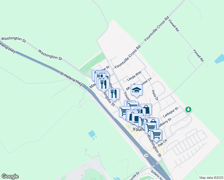 map of restaurants, bars, coffee shops, grocery stores, and more near 2145 Pedroni Street in Yountville