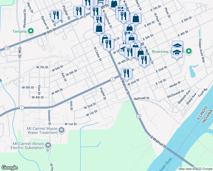 map of restaurants, bars, coffee shops, grocery stores, and more near 250-298 North Cedar Street in Mount Carmel