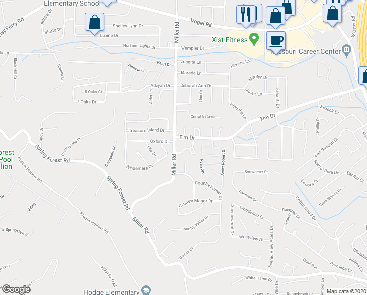 map of restaurants, bars, coffee shops, grocery stores, and more near 2713 Cherry Brook Drive in Arnold