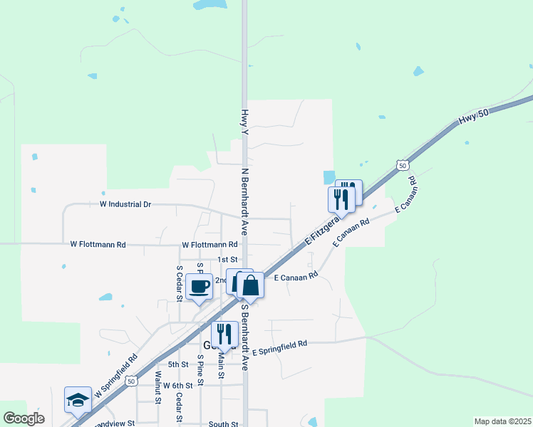 map of restaurants, bars, coffee shops, grocery stores, and more near 404 East Industrial Drive in Gerald