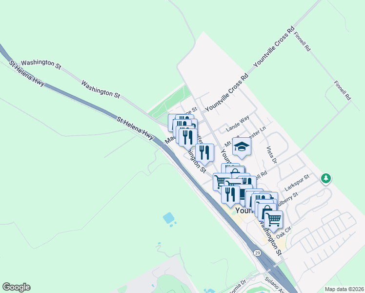 map of restaurants, bars, coffee shops, grocery stores, and more near 6774 Washington Street in Yountville