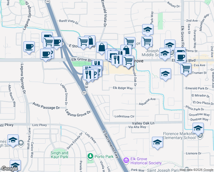 map of restaurants, bars, coffee shops, grocery stores, and more near 8690 Elk Ridge Way in Elk Grove